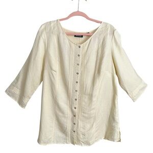 AVENUE Pale Yellow Pintuck Linen Blend Tunic Blouse Mother of Pearl Button Front